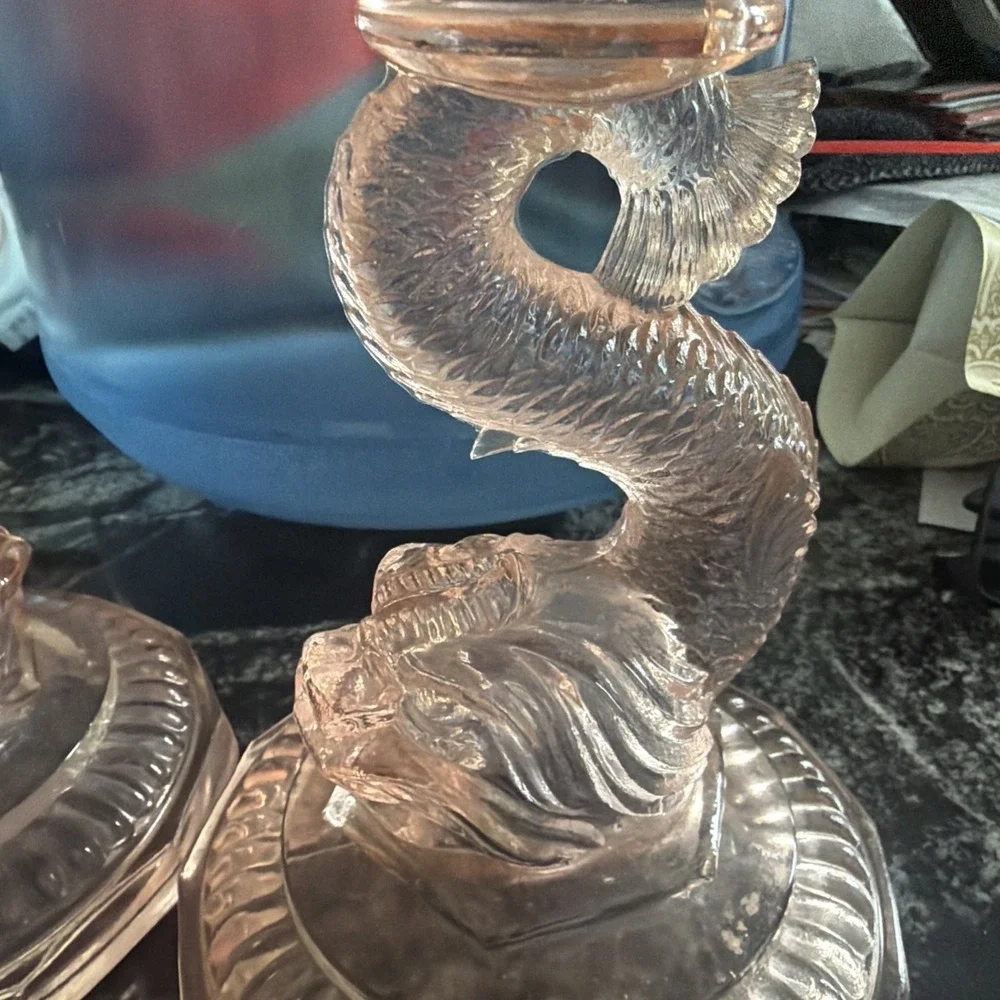 Vintage Pair Pink Glass‎ Candlesticks Koi Fish Design Collectible Rare
